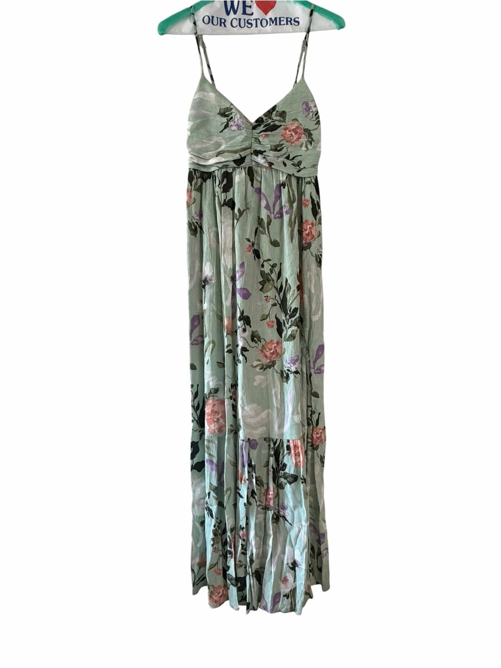 Abercrombie & Fitch Ruched Crinkle Maxi Dress Sage Green Floral Print Size Small - Picture 2 of 3